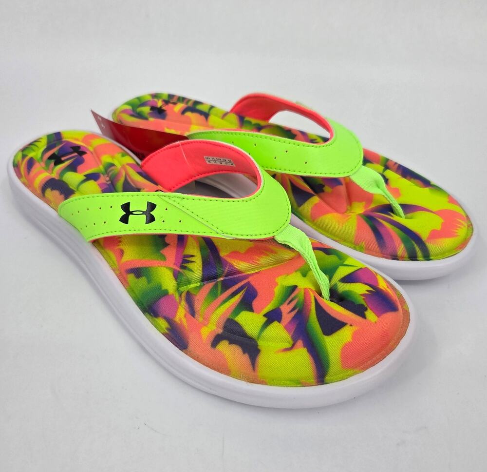 Under Armour Women's Marbella Floral V T Neon Sandals Flip Flop NEW Size 10